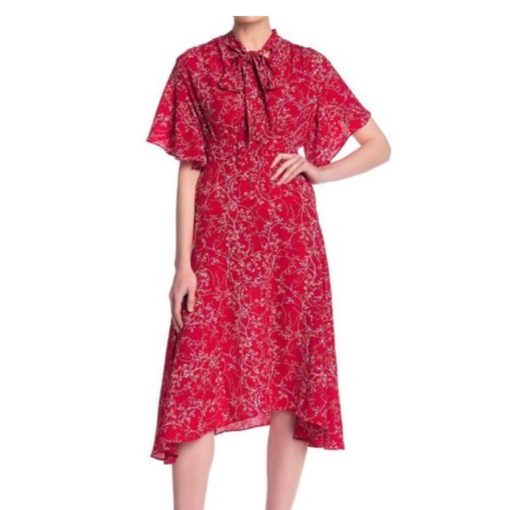 MaxStudio red Tie Neck Flutter-Sleeve midi printed Dress size XS